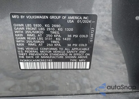 2024 Volkswagen Atlas 2.0T Se W/Technology from USA, damaged, VIN 1V2KR2CA5RC552182
